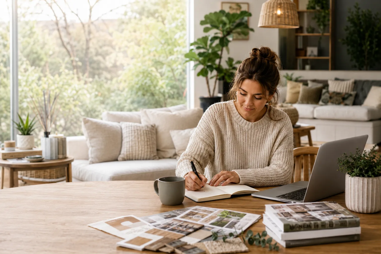 Vrouw schrijft aan tafel in een sfeervol interieur met planten, laptop en wooninspiratie