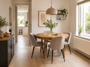 Lichte eethoek met ronde houten tafel, comfortabele stoelen, planten en voldoende loopruimte voor praktische maatvoering