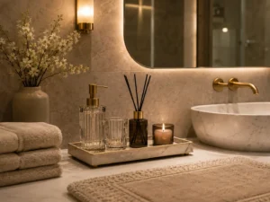 Luxe badkamer accessoires met glazen dispenser, geurkaars, zachte handdoeken, marmeren tray en warme verlichting