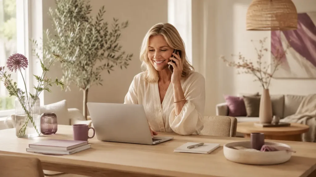Vrouw neemt contact op vanuit een lichte stijlvolle woonruimte met laptop, telefoon, bloemen en warme interieurdetails