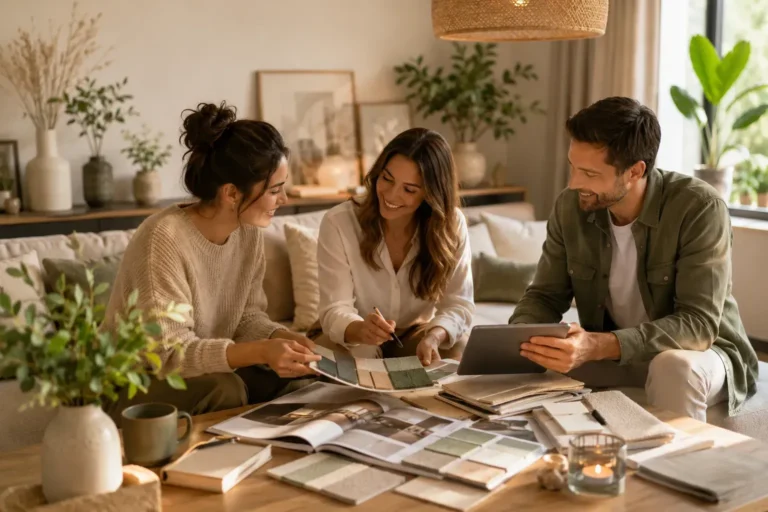 Drie mensen bespreken woonideeën en interieurmaterialen in een warme stijlvolle woonkamer met planten en natuurlijke details