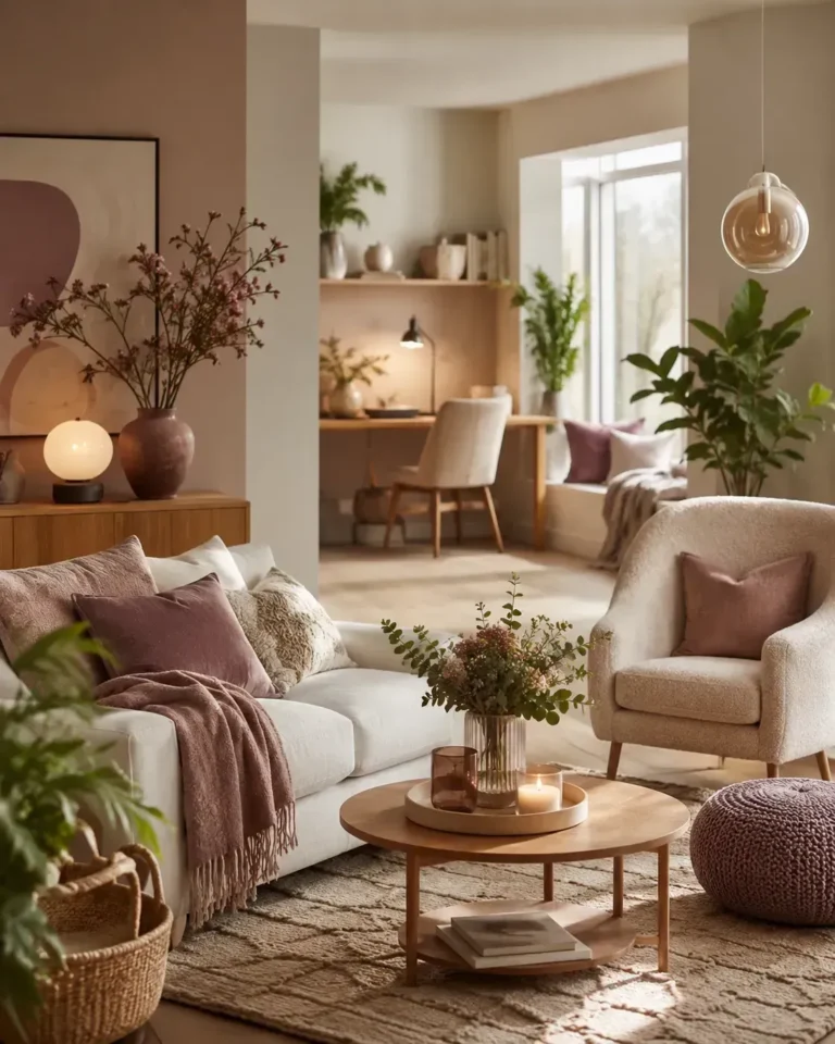 Warme stijlvolle woonkamer met zachte kleuren, planten, natuurlijke materialen en een gezellige werkhoek
