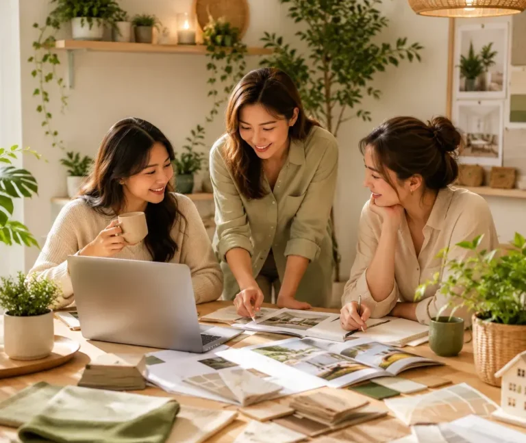 Drie mensen bespreken wooninspiratie in een warme woonkamer met planten, natuurlijke materialen en interieurvoorbeelden