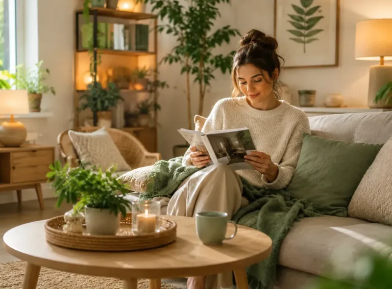 Vrouw leest wooninspiratie in een warme stijlvolle woonkamer met planten, zachte verlichting en natuurlijke materialen